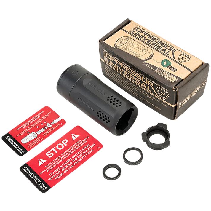Strike Industries BS-OPPRESSOR-U-BK Oppressor Universal Blast Shield Multi-Cal 3.37"L 1.61"D Black Anodized Steel/Aluminum for Barrels with 1/2" & 5/8" Threads (Max .98"D Barrels)