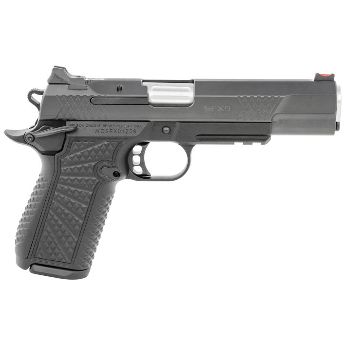 Wilson Combat SFX9FSR5A SFX99mm Luger 15+1 5" Stainless Match Grade Barrel, Black DLC Serrated Stainless Steel Slide, Black Aluminum Frame w/Beavertail & Picatinny Rail, Black Polymer Grip