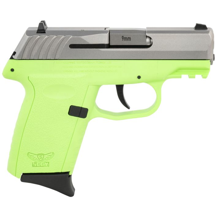 SCCY Industries CPX-2TTLGG3 CPX-2 Gen3 9mm Luger Caliber with 3.10" Barrel, 10+1 Capacity, Lime Green Finish Picatinny Rail Frame, Serrated Stainless Steel Slide, Polymer Grip & No Manual Thumb Safety
