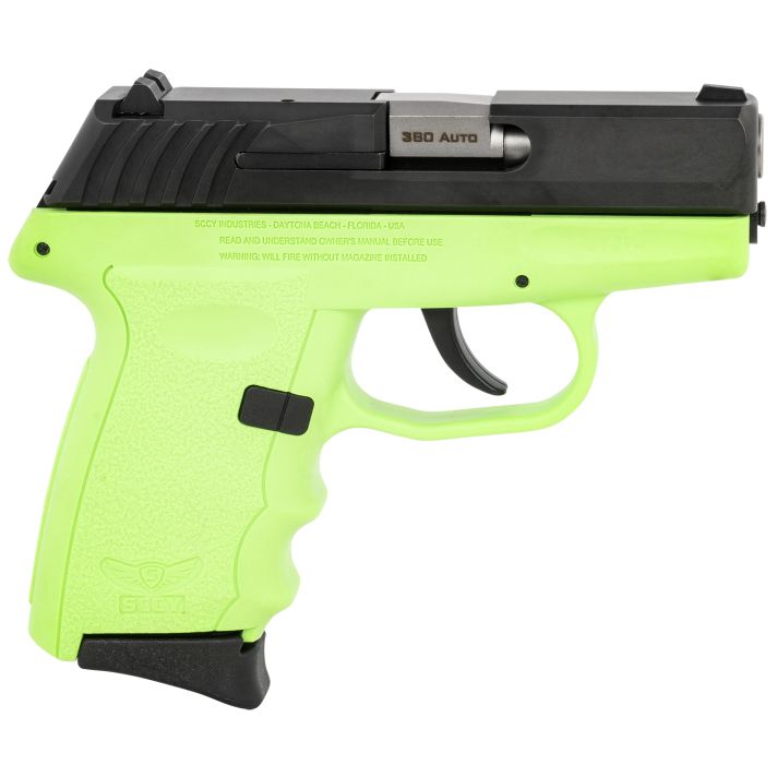 SCCY Industries CPX-3CBLG CPX-3380 ACP 10+1 3.10" Lime Green Polymer Serrated Black Nitride SS Slide Finger Grooved Lime Green Polymer Grip