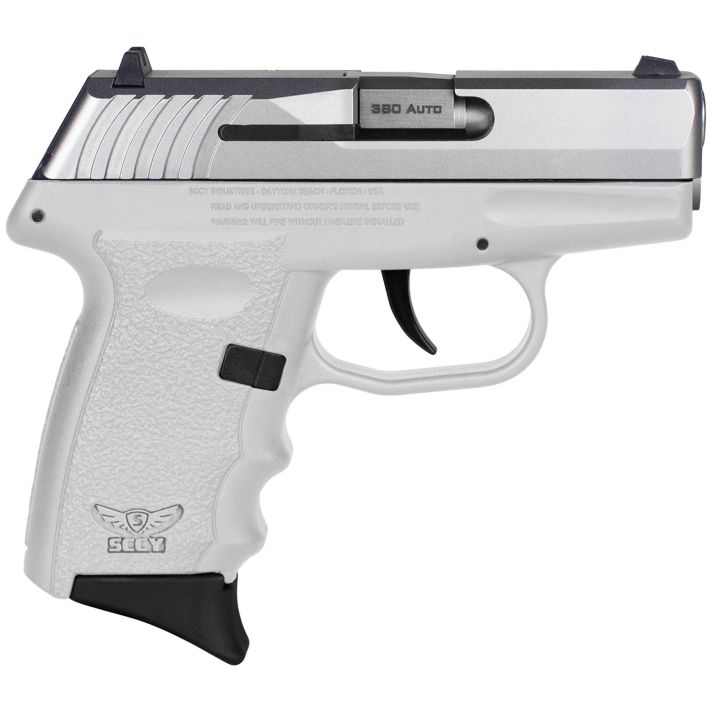 SCCY Industries CPX-3TTWT CPX-3Sub-Compact Frame 380 ACP 10+1, 3.10" Stainless Quadlock Barrel, Serrated Stainless Steel Slide, White Polymer Frame w/Finger Grooves, No Safety, Right Hand