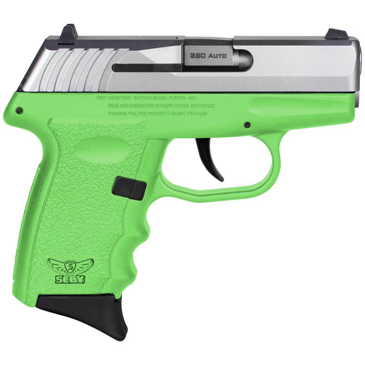SCCY Industries CPX-3TTLG CPX-3380 ACP 10+1 3.10" Lime Green Polymer Serrated SS Slide Finger Grooved Lime Green Polymer Grip