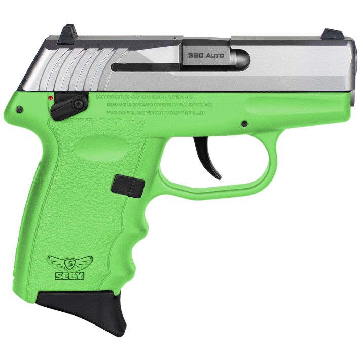 SCCY Industries CPX-4TTLG CPX-4380 ACP 10+1 2.96" Lime Green Polymer Serrated SS Slide Finger Grooved Lime Green Polymer Grip