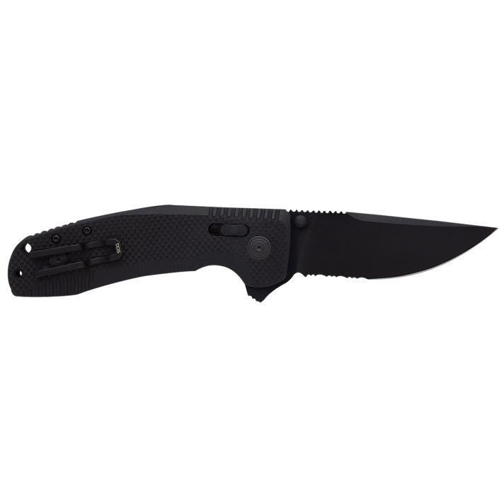 S.O.G SOG12380341 SOG-TAC XR 3.39" Folding Clip Point Part Serrated Black TiNi Cryo D2 Steel Blade Blackout G10 Handle Includes Pocket Clip