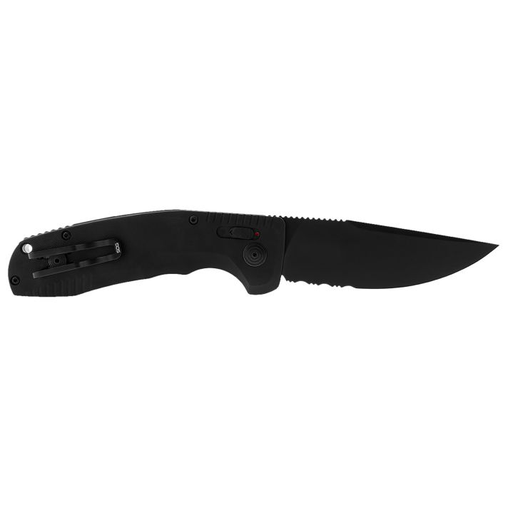 S.O.G SOG15380257 SOG-TAC Auto 3.43" Folding Part Serrated Black TiNi Cryo D2 Steel Blade Black Micro-Textured Anodized Aluminum Handle Includes Pocket Clip