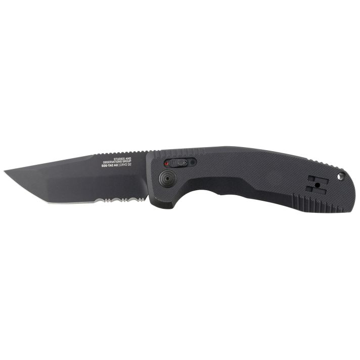 S.O.G SOG15380457 SOG-TAC Auto 3.43" Folding Tanto Part Serrated Black TiNi Cryo D2 Steel Blade Black Micro-Textured Anodized Aluminum Handle Includes Pocket Clip