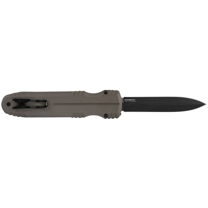 S.O.G SOG15610257 Pentagon3.79" OTF Spear Point Plain Black TiNi Cryo CPM S35VN Steel Blade, Flat Dark Earth Aluminum Handle *Worn, Blade Chipped
