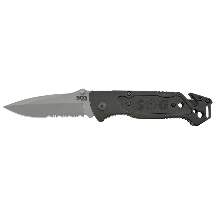 S.O.G SOG-FF24-CP Escape3.40" Folding Clip Point Part Serrated Bead Blasted 9Cr18MoV SS Blade Black Anodized Aluminum Handle Includes Belt Clip