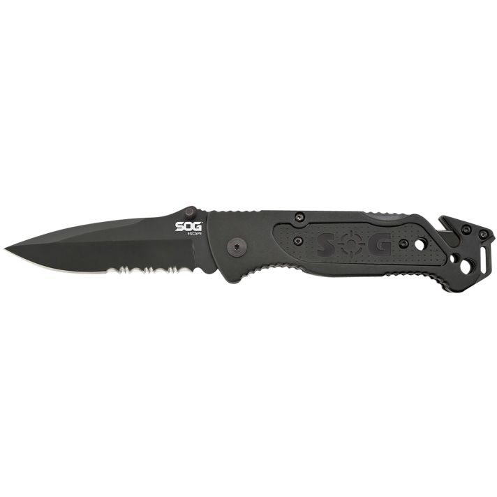 S.O.G SOGFF25CP Escape3.40" Folding Clip Point Part Serrated Black Hardcased 9Cr18MoV SS Blade Black Anodized Aluminum Handle Includes Belt Clip