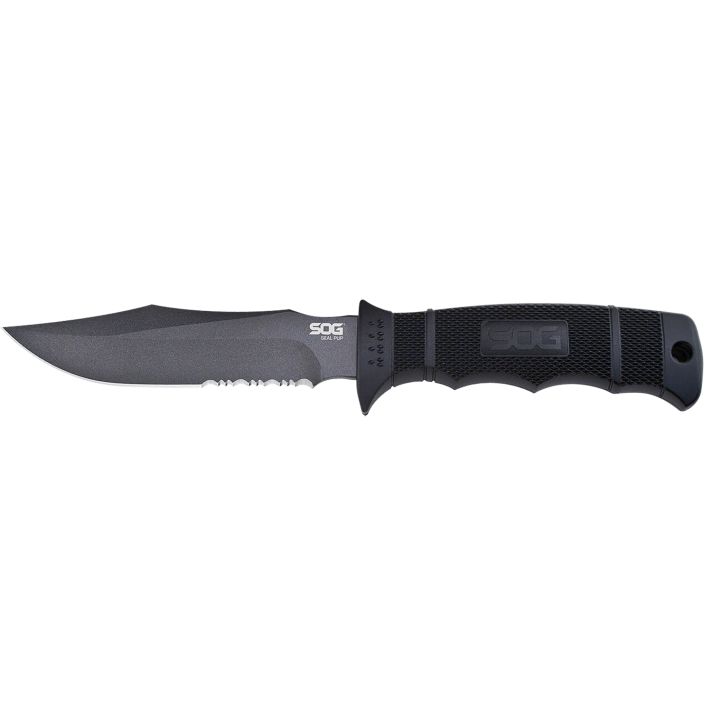 S.O.G SOGM37K Seal Pup4.75" Fixed Clip Point Part Serrated Powder Coated AUS-8A SS Blade Black w/Raised Diamond Pattern GRN Handle Includes Sheath