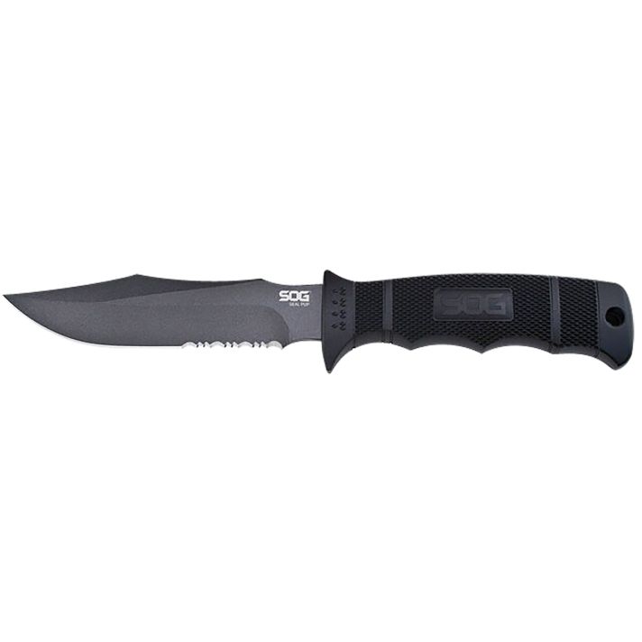 S.O.G SOGM37NCP Seal Pup4.75" Fixed Clip Point Part Serrated Powder Coated AUS-8A SS Blade Black w/Raised Diamond Pattern GRN Handle Includes Lanyard/Sheath