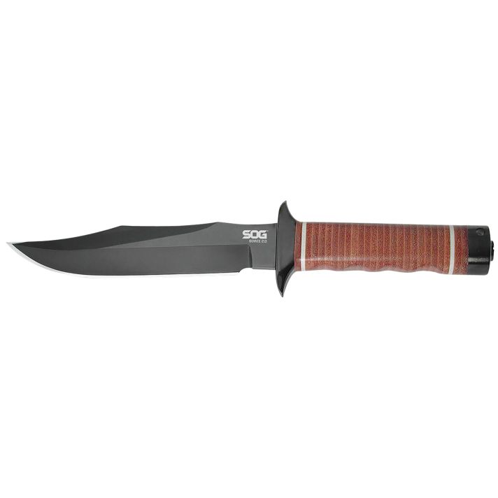 S.O.G SOGS1TL Bowie 2.0 6.40" Fixed Plain Clip Point Black Hardcased TiNi Full Tang AUS8 SS Blade/ Brown Stacked Leather Washers w/Cross Guard Handle
