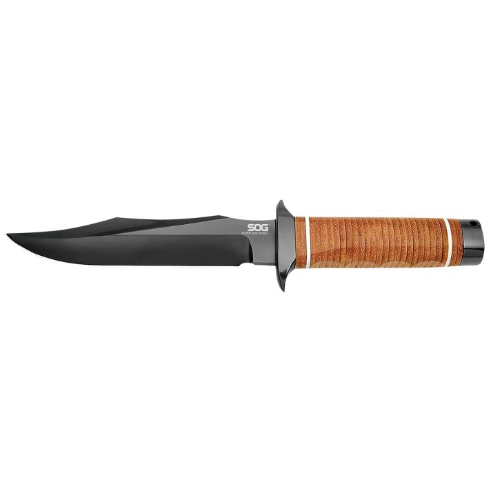 S.O.G SOGSB1TL Super SOG7.50" Fixed Bowie Plain Black Hardcased TiCN AUS-8A SS Blade Brown Stacked Leather Washers w/Cross Guard Handle Includes Sheath