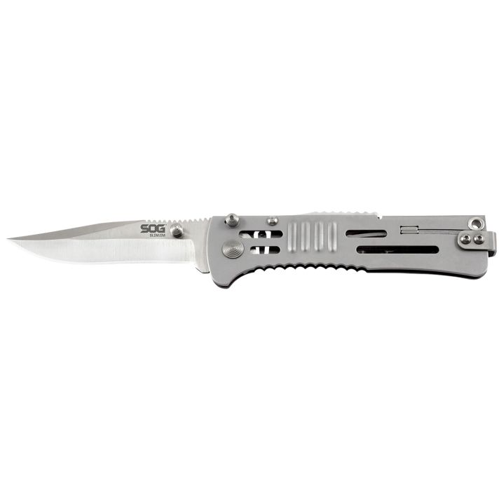 S.O.G SOG-SJ31-CP SlimJim3.18" Folding Clip Point Plain Satin AUS-8A SS Blade Bead Blasted 420 Stainless Steel Handle Includes Belt Clip