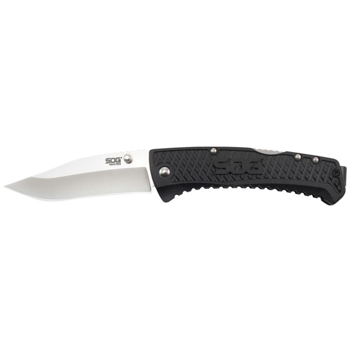 S.O.G SOG-TD1011-C Traction3.50" Folding Clip Point Plain Satin 5Cr13MoV SS Blade Black Textured GRN Handle Includes Pocket Clip