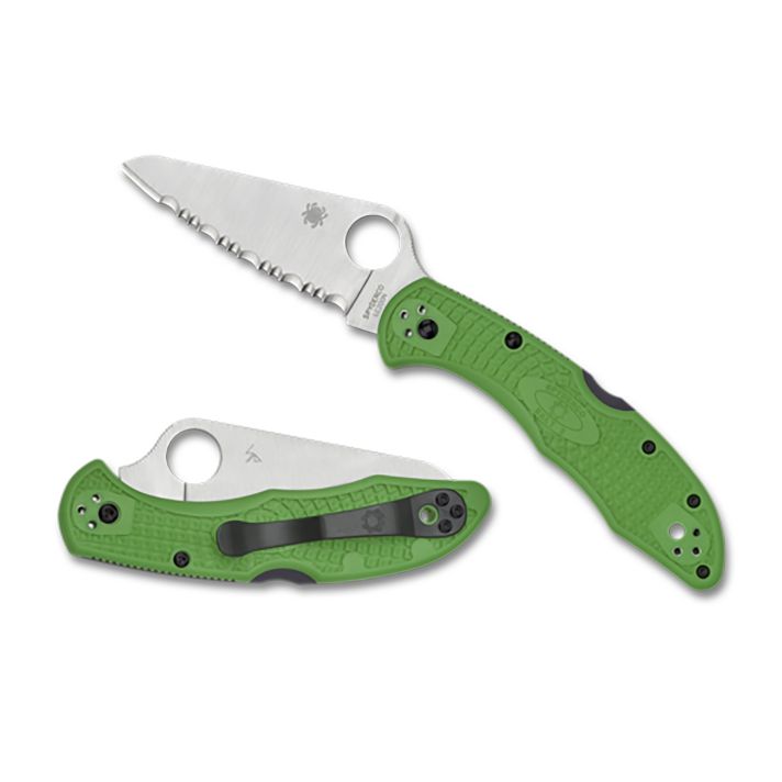 SpydercoSalt 23" Folding Clip Point Serrated H1 Steel Blade Green Bi-Directional Texturing FRN Handle Includes Pocket Clip