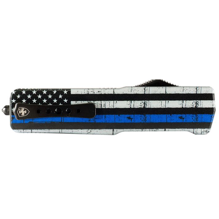 Templar Knife SABTB32 Premium LW We Back You Small 3" OTF Drop Point Plain Black Oxide Stonewashed D2 Steel Blade, 4.50" Black & White w/Blue Line Aluminum Handle