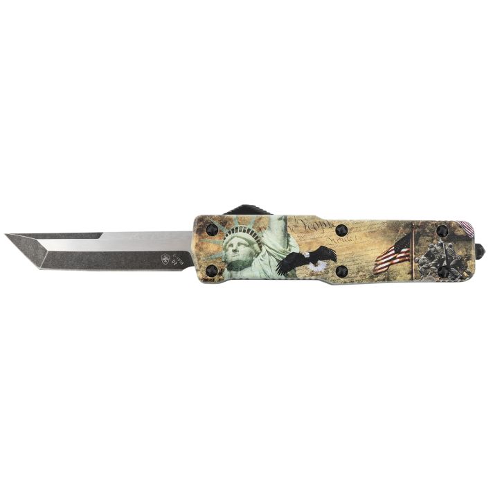 Templar Knife SZLIB221 Premium Weighted Liberty Small 3" OTF Tanto Plain Black Oxide Stonewashed D2 Steel Blade, 4.50" Gold w/Statue of Liberty/Flag/Eagle Aluminum Zinc Alloy Handle