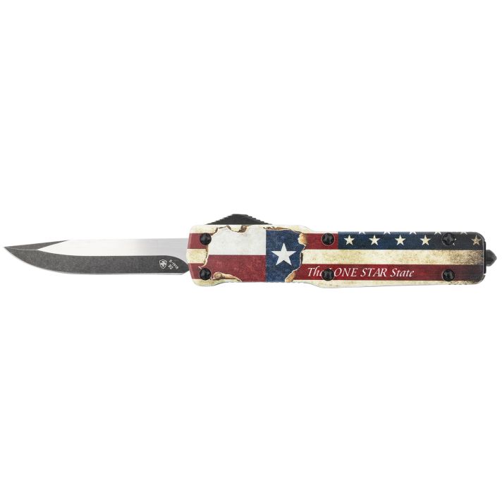 Templar Knife MZTX321 Premium Weighted Texan Slim 3.16" OTF Drop Point Plain Black Oxide Stonewashed D2 Steel Blade, 4.93" Red/White/Blue w/"The LONE STAR State" Aluminum Zinc Alloy Handle