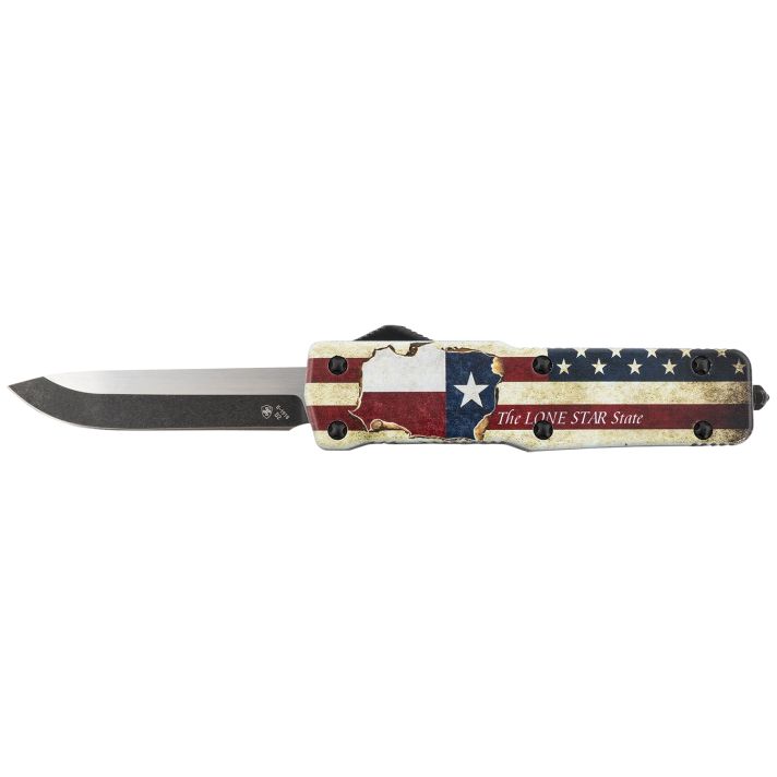 Templar Knife SZTX321 Premium Weighted Texan Small 3" OTF Drop Point Plain Black Oxide Stonewashed D2 Steel Blade, 4.50" Red/White/Blue w/"The LONE STAR State" Aluminum Zinc Alloy Handle