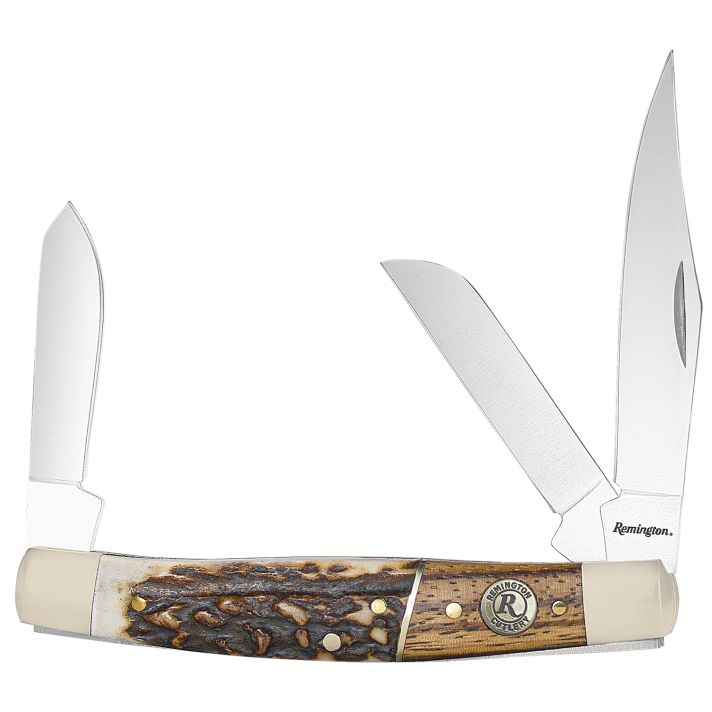 Remington Accessories 15653 Guide Stockman Folding Stainless Steel Blade Brown/White/Silver w/Remington Shield Stag Bone/Nickle Handle