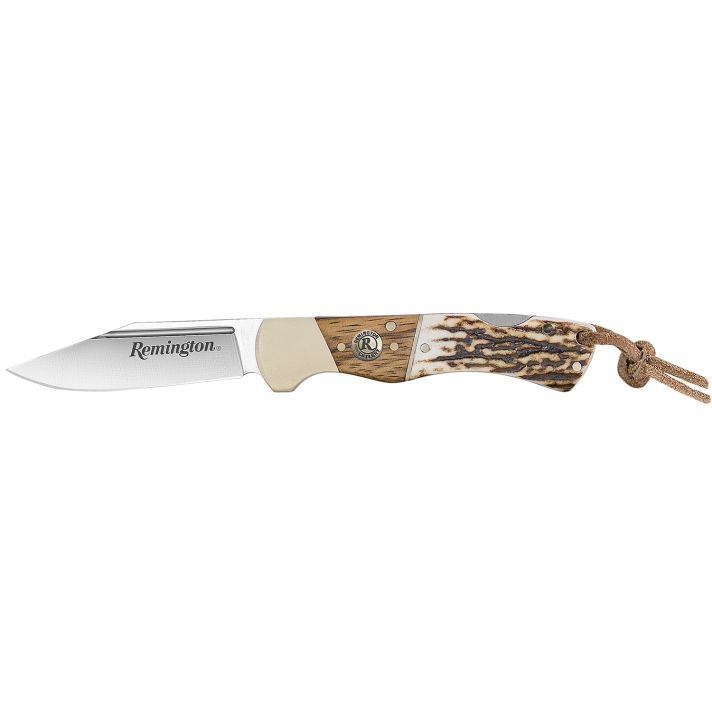 Remington Accessories 15654 Guide Lock Back 4.00" Folding V-Flat Stainless Steel Blade, Stag Bone Handle w/Remington Shield, Nickle Silver Bolsters, Includes Leather Lanyard