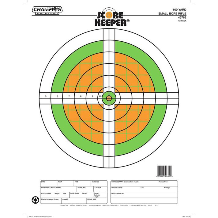 Champion Targets 45762 Score Keeper Sight-In Bullseye Paper Hanging 100 yds Small Bore Rifle Fluorescent Green & Orange/White 12 PK