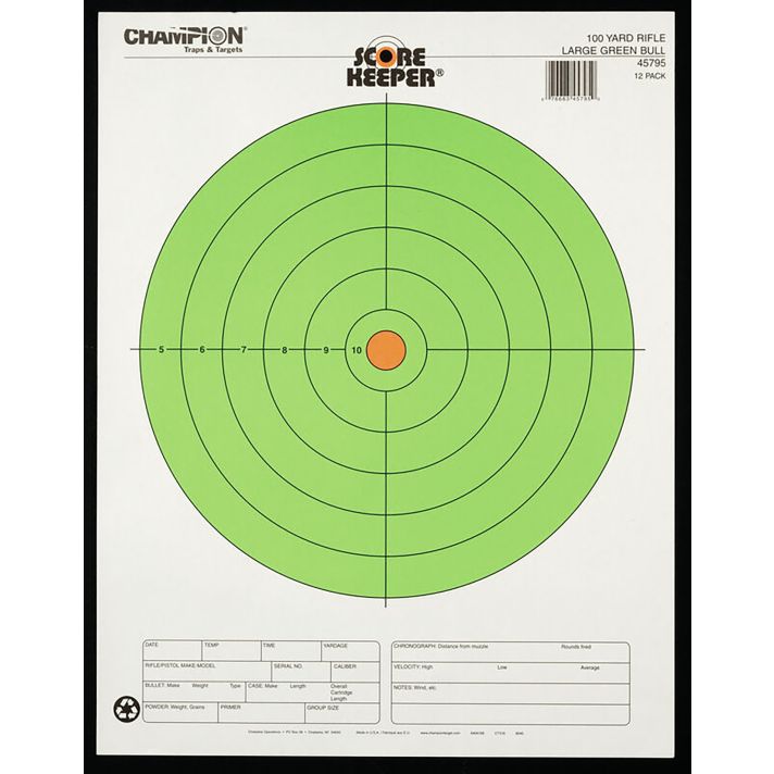 Champion Targets 45795 Score KeeperBullseye Paper Hanging 100 yds Rifle Large Fluorescent Green & Orange 12 PK