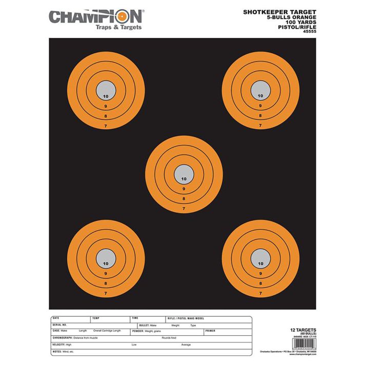 Champion Targets 45555 Shotkeeper5" Bullseye Paper 100 yds Pistol/Rifle Large Black/Orange 12 PK