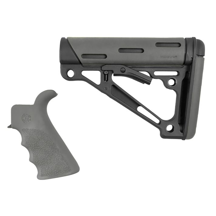 Hogue 15556 OverMolded Collapsible Buttstock Black Synthetic & Slate Gray OverMolded Rubber Stock Slate Gray Rubber Finger Grooved Grip for AR-15, M16 with Mil-Spec Buffer Tube (Tube Not Included)