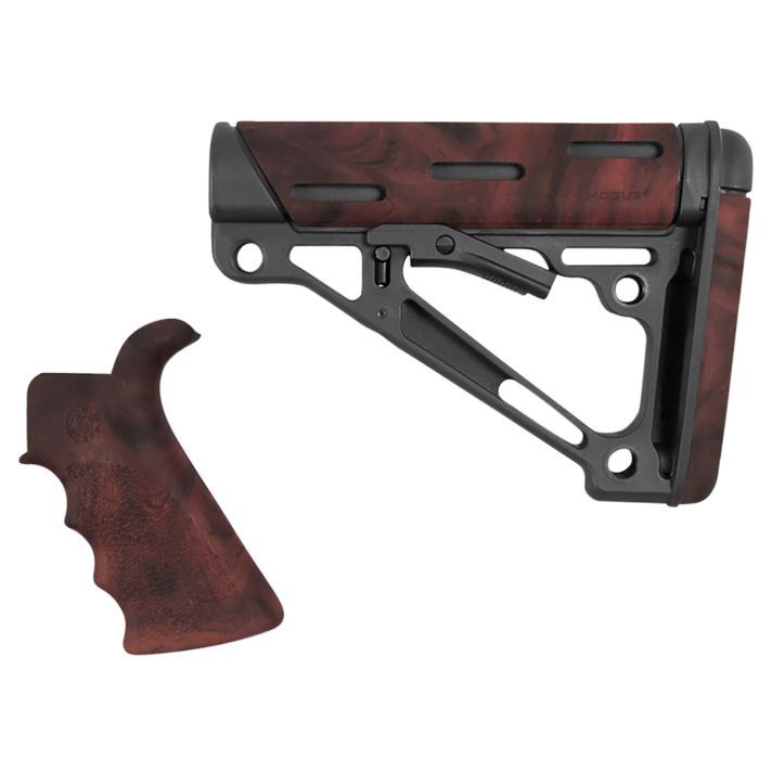 Hogue 15456 OverMolded Collapsible Buttstock Black Synthetic Red Lava OverMolded Rubber & Red Lava Rubber Finger Grooved Grip for AR-15, M16 with Mil-Spec Buffer Tube (Tube Not Included)