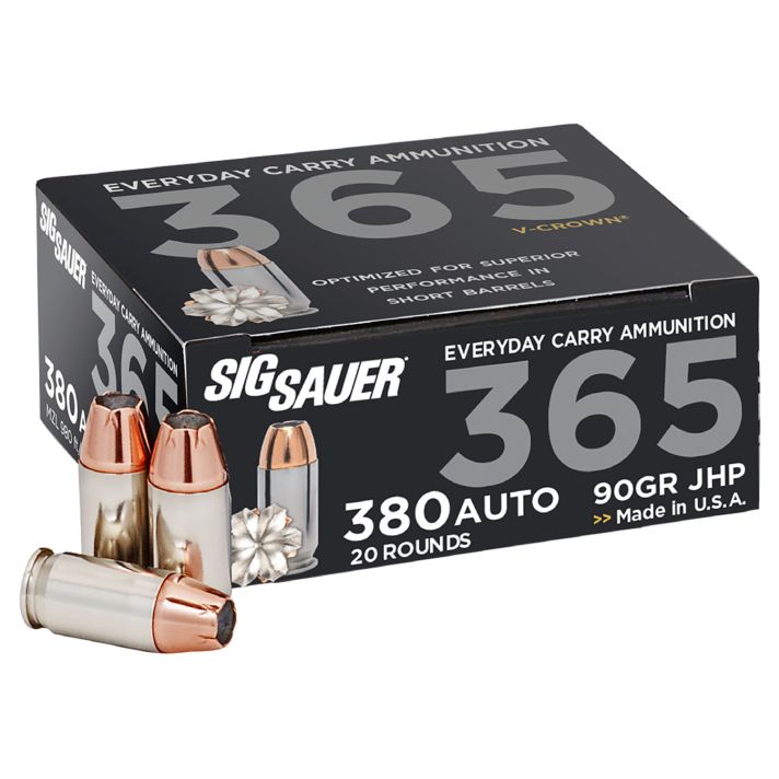 Sig Sauer E380A136520 Elite Performance 365 380ACP 90gr V-Crown Jacketed Hollow Point 20 Per Box/10 Case