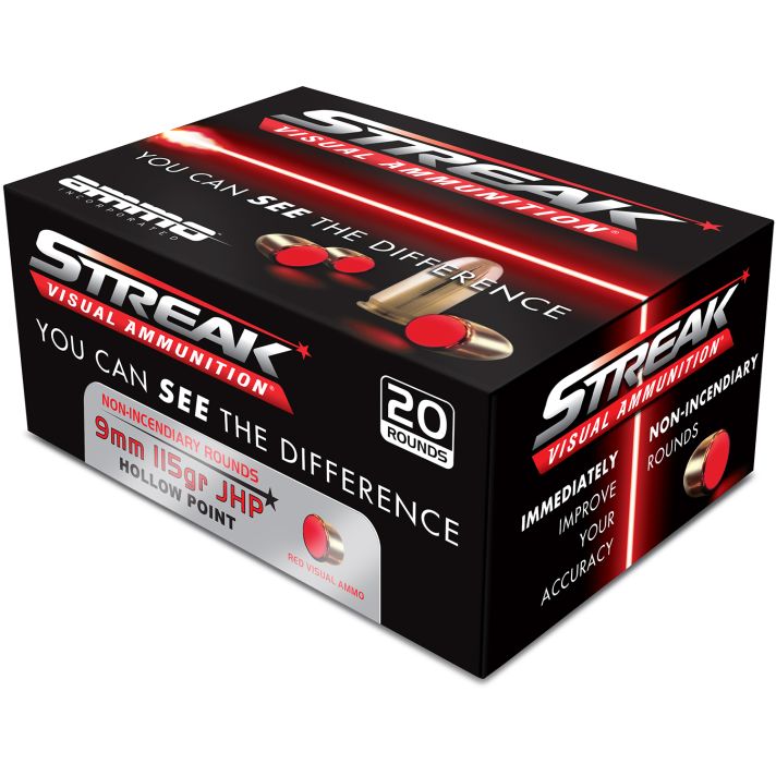 Ammo Inc 9115JHPSTRKRED Streak Visual (RED)9mm Luger 115gr Jacketed Hollow Point 20 Per Box/10 Case