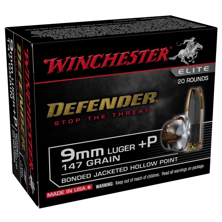 Winchester Ammo S9MMPDB2 Defender9mmLuger+P 147gr Bonded Jacket Hollow Point 20 Per Box/10 Case