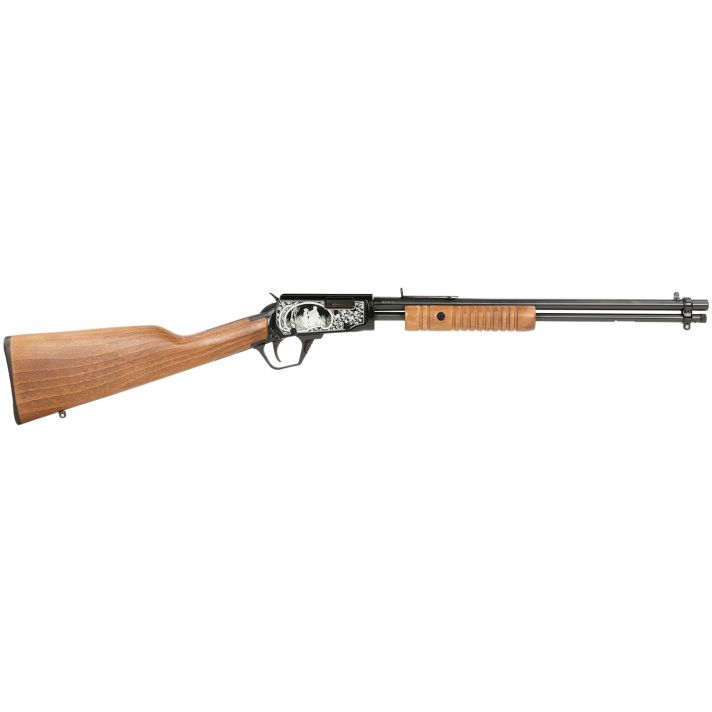 Rossi RP22181WDEN16 GalleryFull Size 22 LR 15+1, 18" Polished Black Steel Barrel Polished Black w/Father And Son Hunting Scene Engraving Steel Receiver, Hardwood Fixed Stock, Right Hand