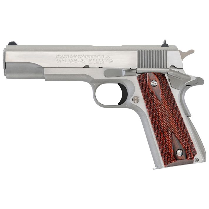 Colt Mfg O1070A1CS 1911 Government 45 ACP 8+1 5" Stainless National Match Barrel, Brushed Stainless Serrated Slide & Frame w/Beavertail, Double Diamond Checkered Wood Grip