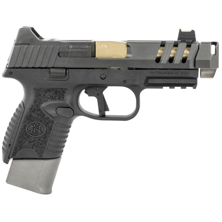 FN 66101347 509 CC Edge 9mm Luger 12+1/15+1 (2) 4.20" Threaded Gold Barrel, Black Frame, Graphite Optic & Lightening Cut Slide, Optic Height Fiber Optic Sights, Compensator (No Manual)