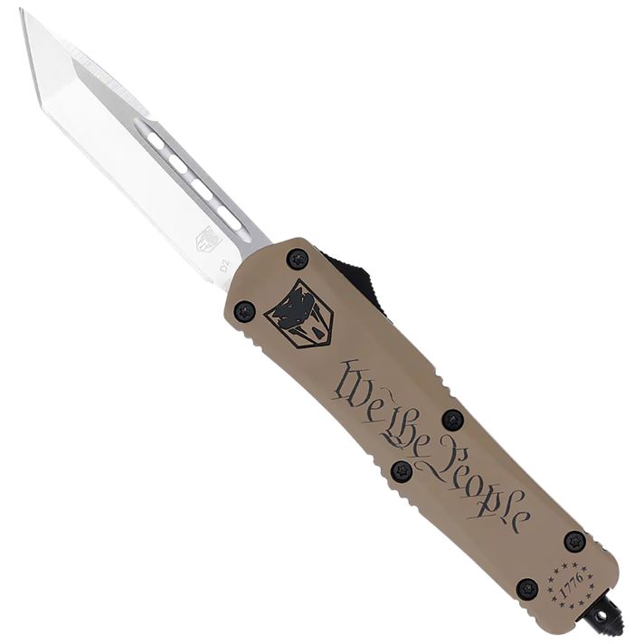 CobraTec Knives SWTPFS3TNS FS-3 We The People Small 2.75" OTF Tanto Plain Aluminum Cerakoted D2 Steel Blade, Tan "We The People" Aluminum Handle
