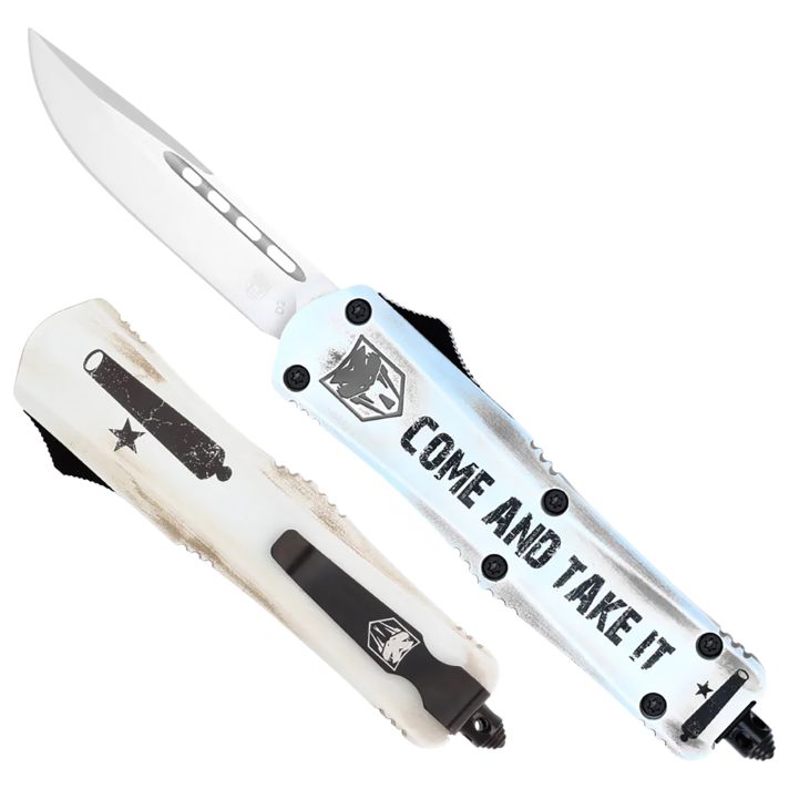 CobraTec Knives SCATIFS3DNS FS-3 Come And Take It Small 3" OTF Drop Point Plain D2 Steel Blade 4.50" White "Come And Take It" Aluminum Cerakoted Handle Includes Glass Breaker/Pocket Clip