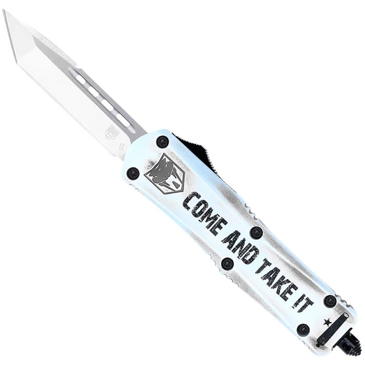 CobraTec Knives SCATIFS3TNS FS-3 Come And Take It Small 3" OTF Tanto Plain Satin D2 Steel Blade, 4.50" White "Come And Take It" Aluminum Cerakoted Handle