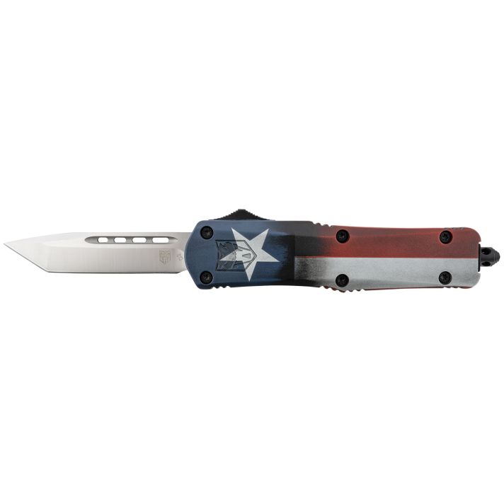 CobraTec Knives MCTXFS3TNS FS-3 Texas Flag Medium 3" OTF Tanto Plain Satin D2 Steel Blade, 5" Texas Flag Aluminum Cerakoted Handle