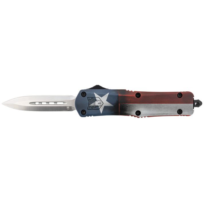 CobraTec Knives MCTXFS3DAGNS FS-3 Texas Flag Medium 3" OTF Dagger Plain Satin D2 Steel Blade, 5" Texas Flag Aluminum Cerakoted Handle
