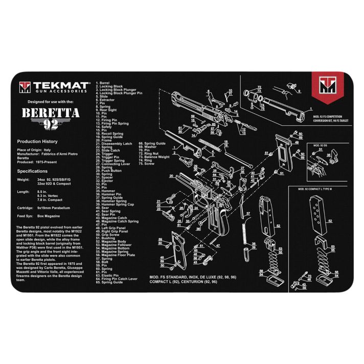 TekMat TEKR17BER92 Beretta 92 Cleaning Mat Black/White Rubber 11"x17" Beretta 92 Parts Diagram
