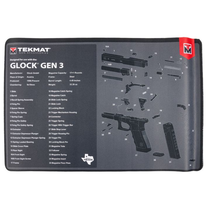 TekMat TEKR17GLOCKG3 Glock Gen 3Black/White Rubber 11"x17" Glock Gen3 Parts Diagram