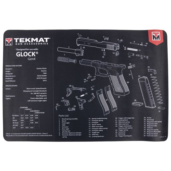 TekMat TEKR17GLOCKG4 Glock Gen4 Cleaning Mat Black/White Rubber 11"x17" Glock Gen4 Parts Diagram