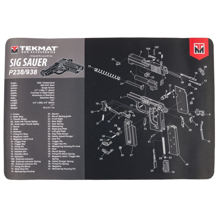 TekMat TEKR17SIGP238 Sig Sauer P238 Cleaning Mat Black/Gray Rubber 11"x17" Sig P238 Parts Diagram