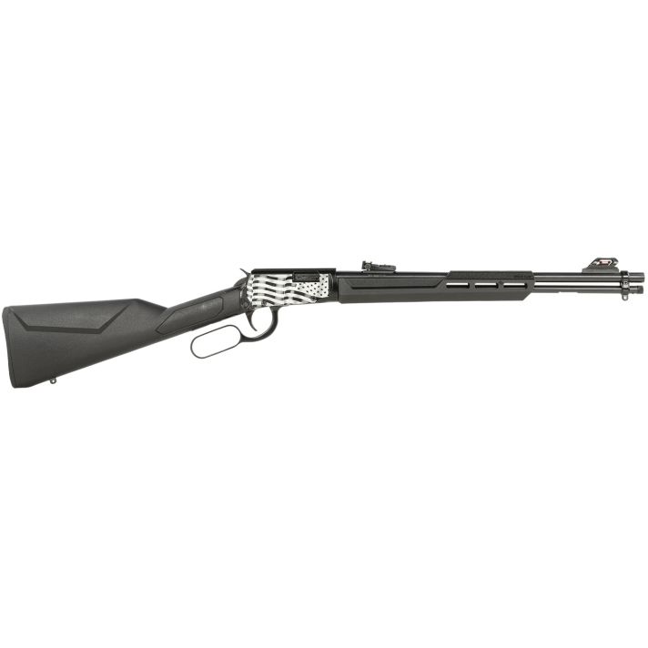 Rossi RL22181SYEN11 Rio BravoLever Action 22 LR 15+1 18" Round Barrel, Black, Polished US Flag Engraved Rec, Synthetic Stock, Fiber Optic Sights