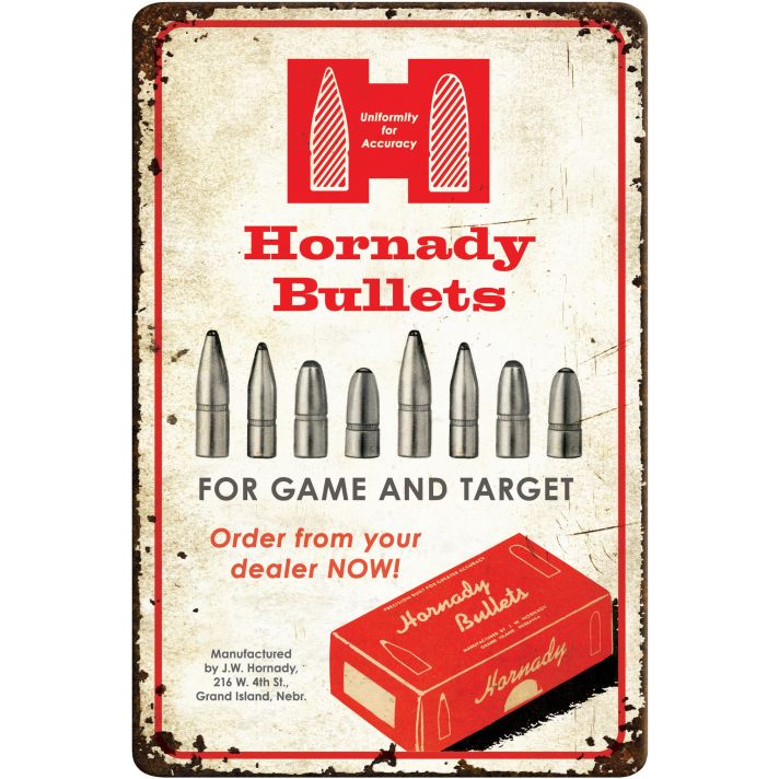Hornady 99145 Bullets Tin Sign Rustic Red White Aluminum 12" x 18"