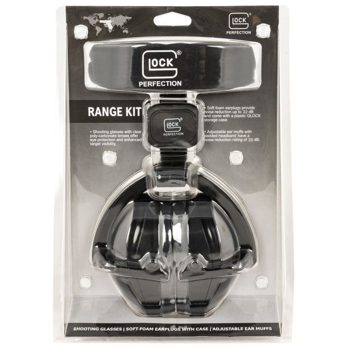 Glock AP60220 Range Kit25 dB Padded Headband Adjustable Ear Muff, Clear Poly-Carbonate Shooter/Safety Glasses, 32 dB Foam Ear Plugs, Includes Cloth Pouch & Ear Plug Case