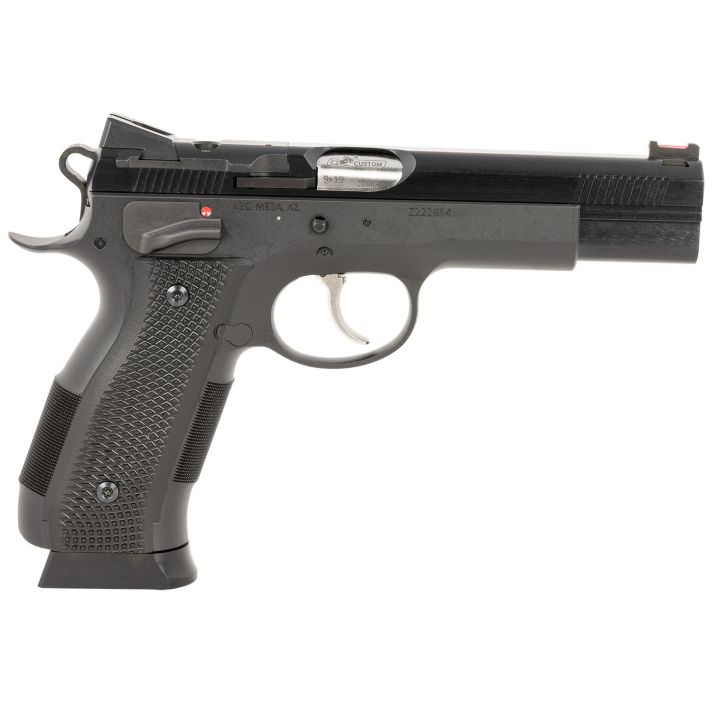 CZ-USA 91732 A01-SD9mm Luger 19+1 4.93" Blued Match Grade Bull Barrel, Blued Optic Ready/Serrated Steel Slide, Blued Steel Frame w/Beavertail, Black Checkered Polymer Grip